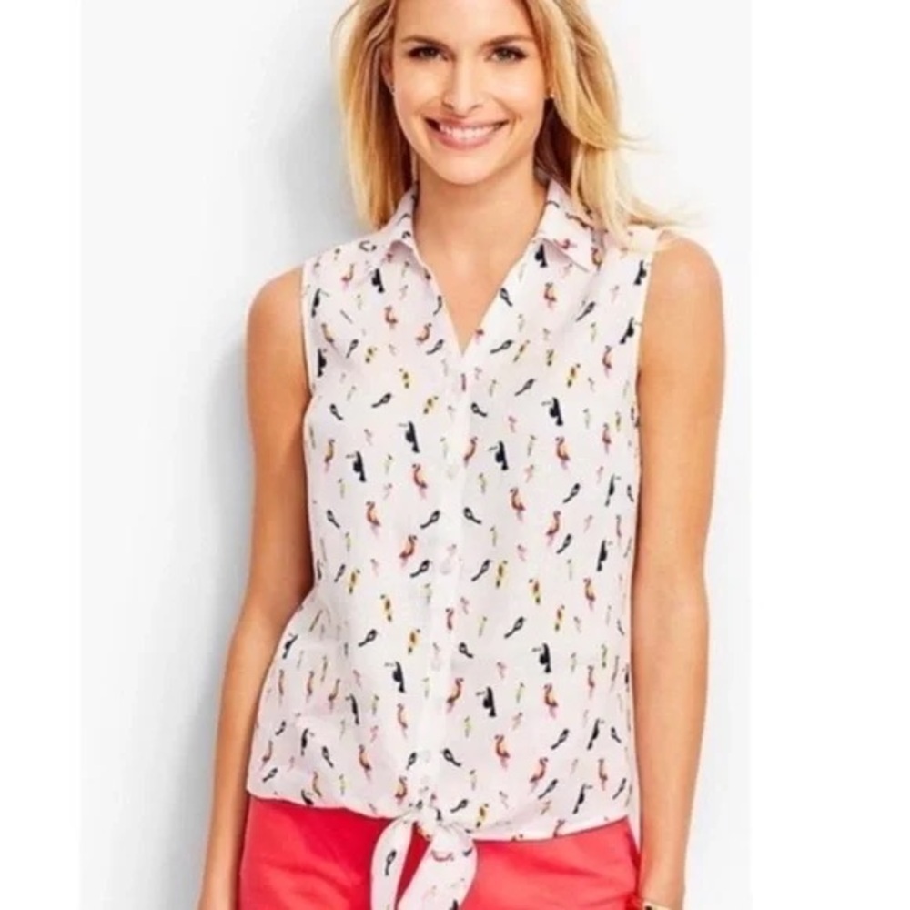Talbots Women’s Bird Novelty Print Tie Front 100 % Linen Sleeveless Shirt Small